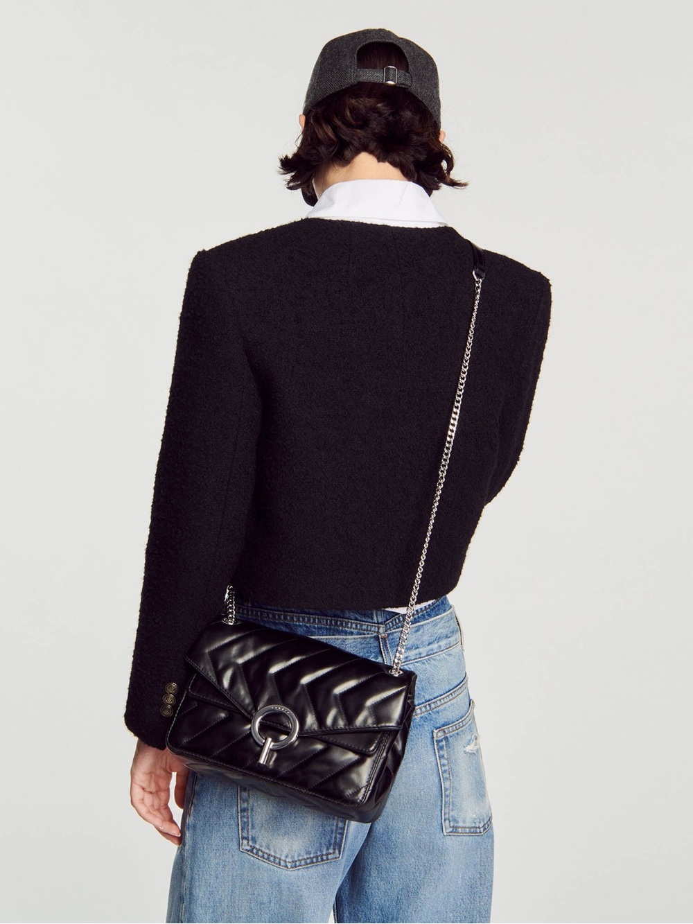 NWT! Sandro Black Leather Quilted Chain-Handle Two-Way Bag.